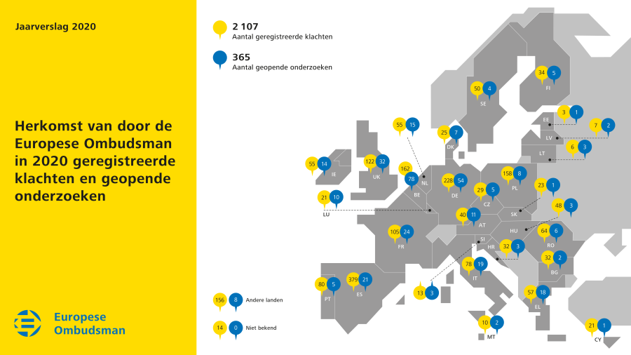 Herkomst van door de Europese Ombudsman in 2020 geregistreerde klachten en geopende onderzoeken