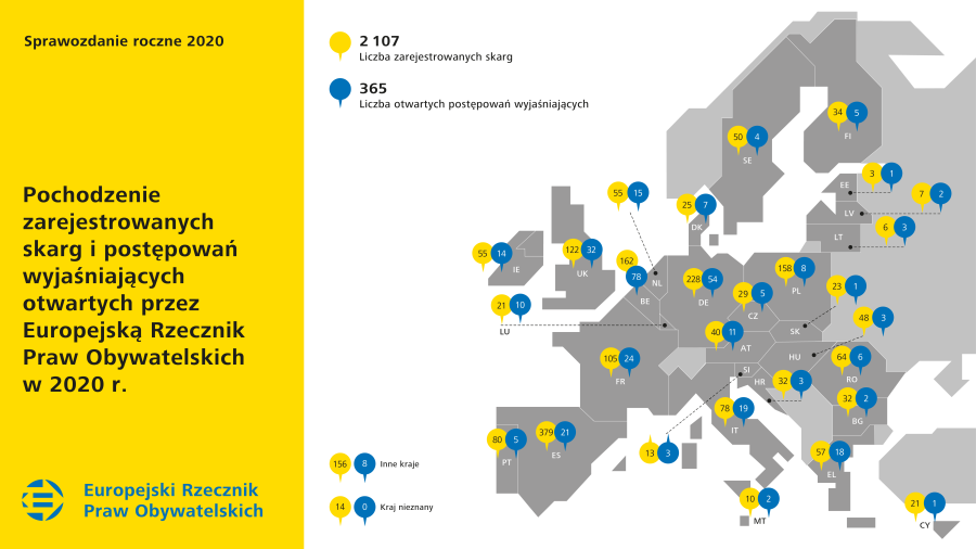 Pochodzenie zarejestrowanych skarg i postępowań wyjaśniających otwartych przez Europejską Rzecznik Praw Obywatelskich w 2020 r.