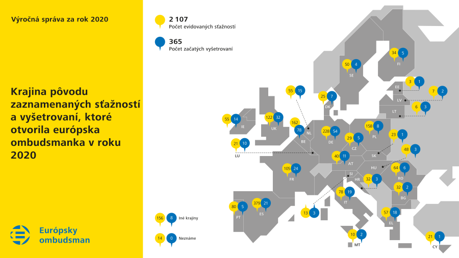 Krajina pôvodu zaznamenaných sťažností a&nbsp;vyšetrovaní, ktoré otvorila európska ombudsmanka v&nbsp;roku 2020