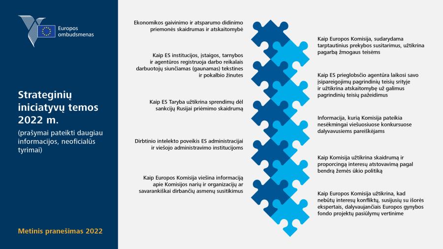 Strateginių iniciatyvų temos 2022&nbsp;m. (prašymai pateikti daugiau informacijos, neoficialūs tyrimai)