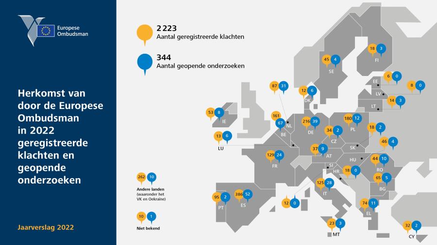 Herkomst van door de Europese Ombudsman in 2022 geregistreerde klachten en geopende onderzoeken
