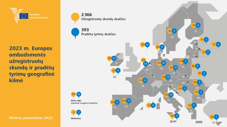2023&nbsp;m. Europos ombudsmenės užregistruotų skundų ir pradėtų tyrimų geografinė kilmė
