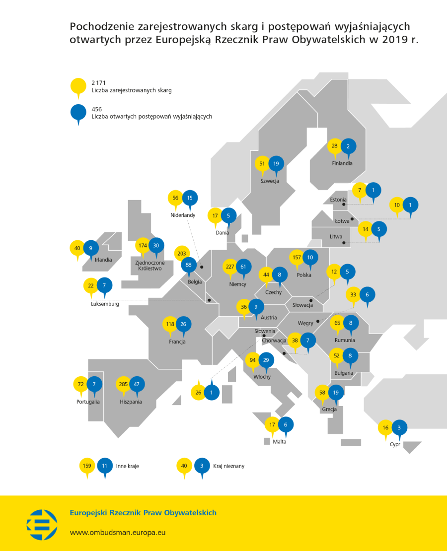 Pochodzenie zarejestrowanych skarg i postępowań wyjaśniających otwartych przez Europejską Rzecznik Praw Obywatelskich w 2019 r.