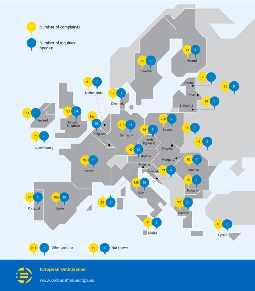 National origin of complaints registered and inquiries opened by the European Ombudsman in 2014; 
Luxembourg - Number of complaints: 20, Number of inquiries opened: 7; 
Malta - Number of complaints: 11, Number of inquiries opened: 2; 
Cyprus - Number of complaints: 16, Number of inquiries opened: 2; 
Slovenia - Number of complaints: 29, Number of inquiries opened: 2; 
Ireland - Number of complaints: 61, Number of inquiries opened: 10; 
Belgium - Number of complaints: 147, Number of inquiries opened: 50; 
Bulgaria - Number of complaints: 66, Number of inquiries opened: 7; 
Greece - Number of complaints: 78, Number of inquiries opened: 24; 
Portugal - Number of complaints: 74, Number of inquiries opened: 6; 
Croatia - Number of complaints: 28, Number of inquiries opened: 4; 
Spain - Number of complaints: 309, Number of inquiries opened: 19; 
Finland - Number of complaints: 33, Number of inquiries opened: 5; 
Latvia - Number of complaints: 12, Number of inquiries opened: 0; 
Poland - Number of complaints: 208, Number of inquiries opened: 7; 
Austria - Number of complaints: 40, Number of inquiries opened: 12; 
Lithuania - Number of complaints: 14, Number of inquiries opened: 5; 
Hungary - Number of complaints: 44, Number of inquiries opened: 5; 
Czech Republic - Number of complaints: 36, Number of inquiries opened: 1; 
Romania - Number of complaints: 65, Number of inquiries opened: 7; 
Denmark - Number of complaints: 17, Number of inquiries opened: 3; 
Slovakia - Number of complaints: 17, Number of inquiries opened: 1; 
Germany - Number of complaints: 219, Number of inquiries opened: 45; 
Netherlands - Number of complaints: 41, Number of inquiries opened: 7; 
Sweden - Number of complaints: 23, Number of inquiries opened: 9; 
Italy - Number of complaints: 125, Number of inquiries opened: 38; 
United Kingdom - Number of complaints: 127, Number of inquiries opened: 24; 
Estonia - Number of complaints: 3, Number of inquiries opened: 1; 
France - Number of complaints: 98, Number of inquiries opened: 11; 
Other countries - Number of complaints: 103, Number of inquiries opened: 7; 
Not known - Number of complaints: 15, Number of inquiries opened: 4.