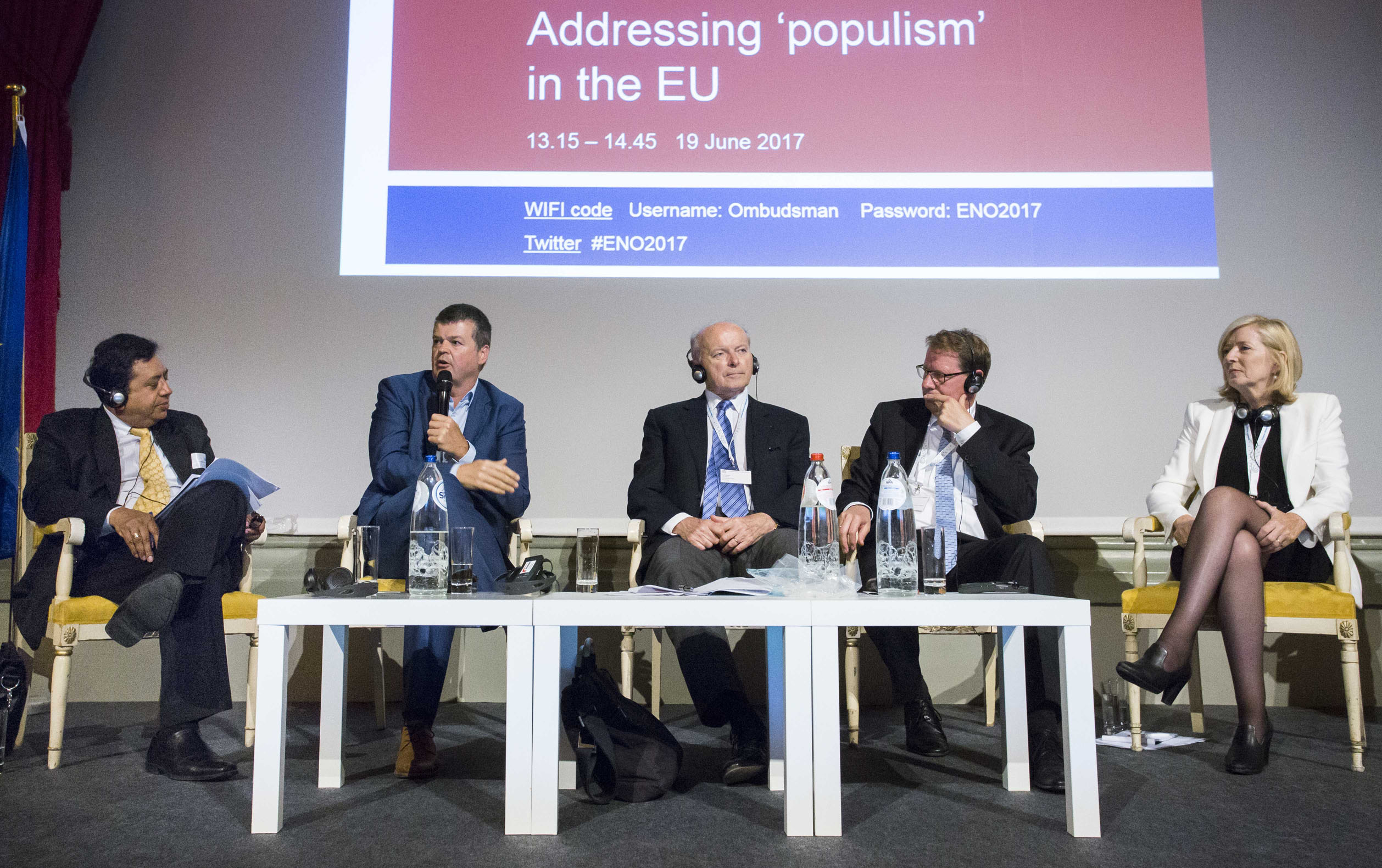 The panellists of the first session of the 2017 conference of the European Network of Ombudsmen (left to right): Sanjay Pradhan, Chief Executive Officer, Open Government Partnership; Bart Somers, Mayor of Mechelen in Belgium; Jacques Toubon, Defender of Rights of France; Gero Storjohann, Deputy Chair of the German Federal Petitions Committee; and Emily O’Reilly, European Ombudsman.