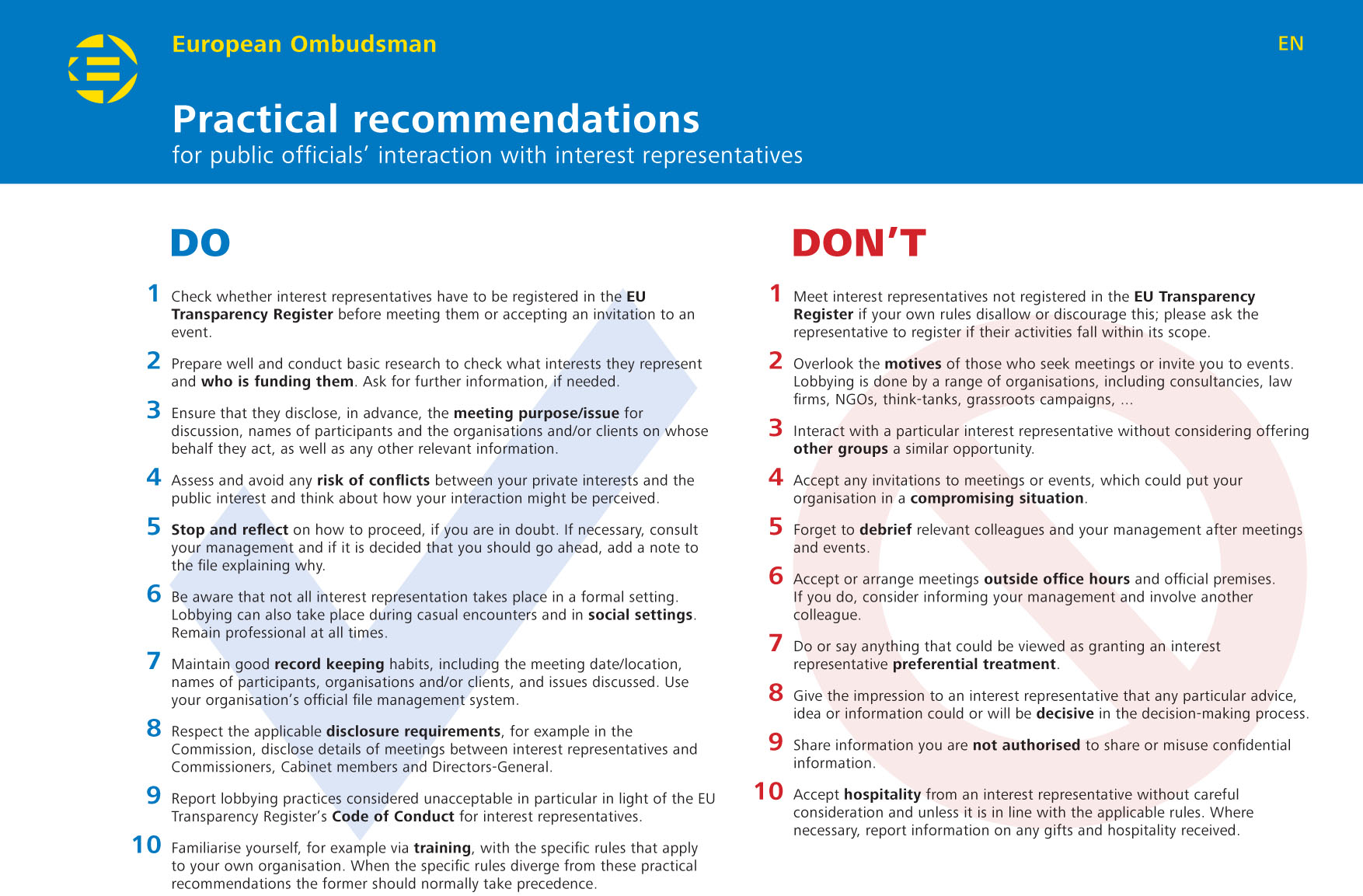 Practical recommendations for public officials’ interaction with interest representatives