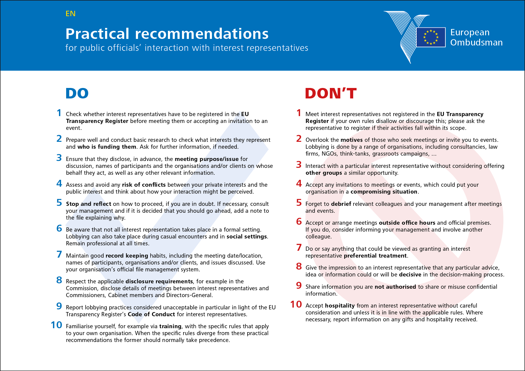 Practical recommendations for public officials’ interaction with interest representatives